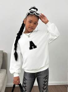 SHEIN NovaGlow Tween Girl/Tween Girls Crew Neck Pullover Sweatshirt - White - View 1