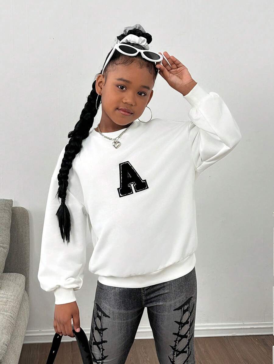 SHEIN NovaGlow Tween Girl/Tween Girls Crew Neck Pullover Sweatshirt - White - View 1