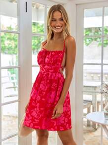 SHEIN VCAY Women's  Elegant Vacation Floral Print Crisscross Tie Backless One Piece Cami Summer Beach Dress