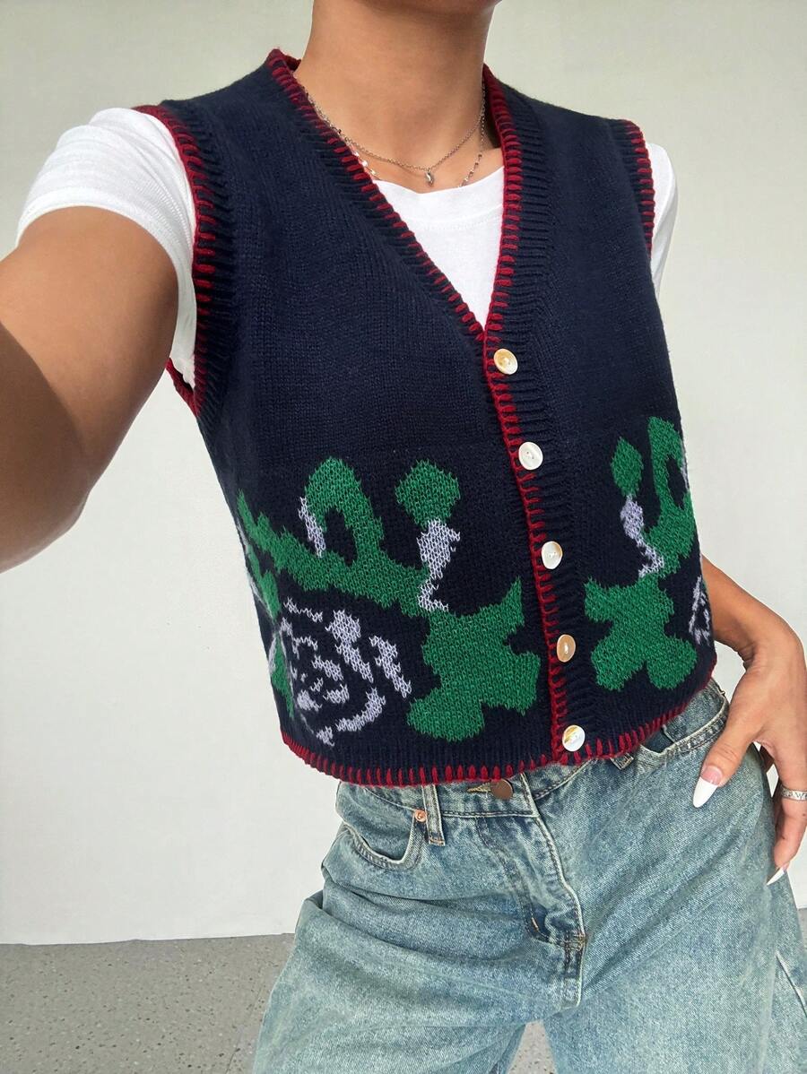 SHEIN Unity 女士无袖花卉刺绣休闲前扣衬衫，日常穿着 - 彩色 - 查看 1