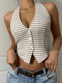 SHEIN EZwear Women's Fashion Sexy Striped Front Button Backless Halter Top - Beige - View 4