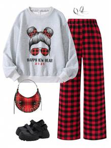 2 件套青少年女孩休闲卡通印花运动衫和格子裤套装，秋冬 - 彩色 - 查看 1