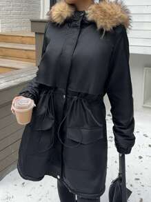 Chiquease Women's Winter Long Sleeve Drawstring Waist Fluffy Collar Hooded Parka, Windproof & Warm Coat