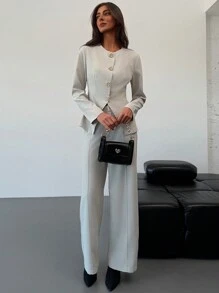 Aloruh 女士办公室/通勤杏色修身长袖上衣 + 全长直筒裤套装 - 杏色 - 查看 7