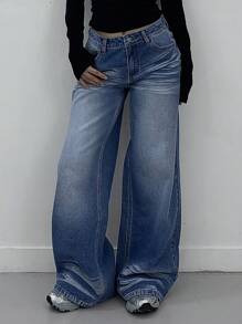 DAZY 女士休闲破洞阔腿牛仔裤，宽松低腰牛仔裤 - 中等水洗藍 - 查看 3