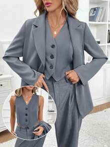 SHEIN Frenchy 女士纯色经典休闲日常无袖西装外套，无袖背心和夹克，2 件套，通勤，极简主义，办公室，老款，简约，休闲日常穿着，圣诞女装，除夕，秋冬 - 深灰色 - 查看 1