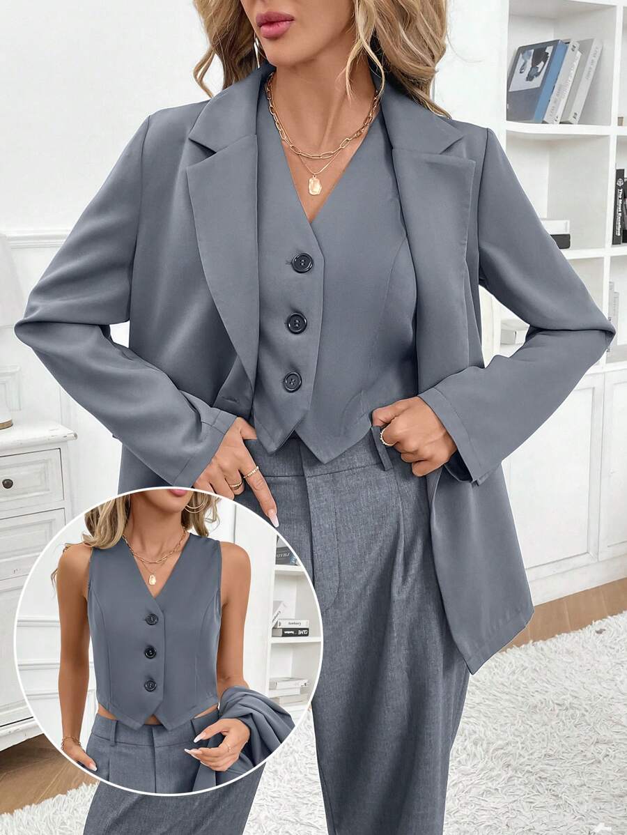 SHEIN Frenchy 女士纯色经典休闲日常无袖西装外套，无袖背心和夹克，2 件套，通勤，极简主义，办公室，老款，简约，休闲日常穿着，圣诞女装，除夕，秋冬 - 深灰色 - 查看 1