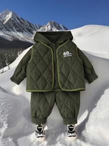 SHEIN 3pcs Baby Boy Army Green Winter Casual Vacation Set,Thickened Letter Embroidered Vest,Hooded Zipper Sports Jacket&Drawstring Pants,Playing In Snow - Dark Green - View 1