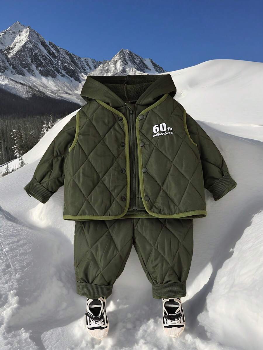SHEIN 3pcs Baby Boy Army Green Winter Casual Vacation Set,Thickened Letter Embroidered Vest,Hooded Zipper Sports Jacket&Drawstring Pants,Playing In Snow - Dark Green - View 1