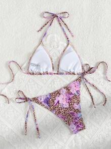 Women's Summer New Sexy Triangle Cup Tied Leopard Print Bikini Set - Multicolor - View 2