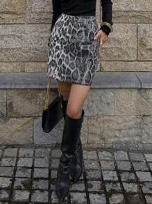 DAZY 女士豹纹亮片装饰半身裙，适合春夏季、情人节、中国新年猎豹印花秋冬季 - 彩色 - 查看 6