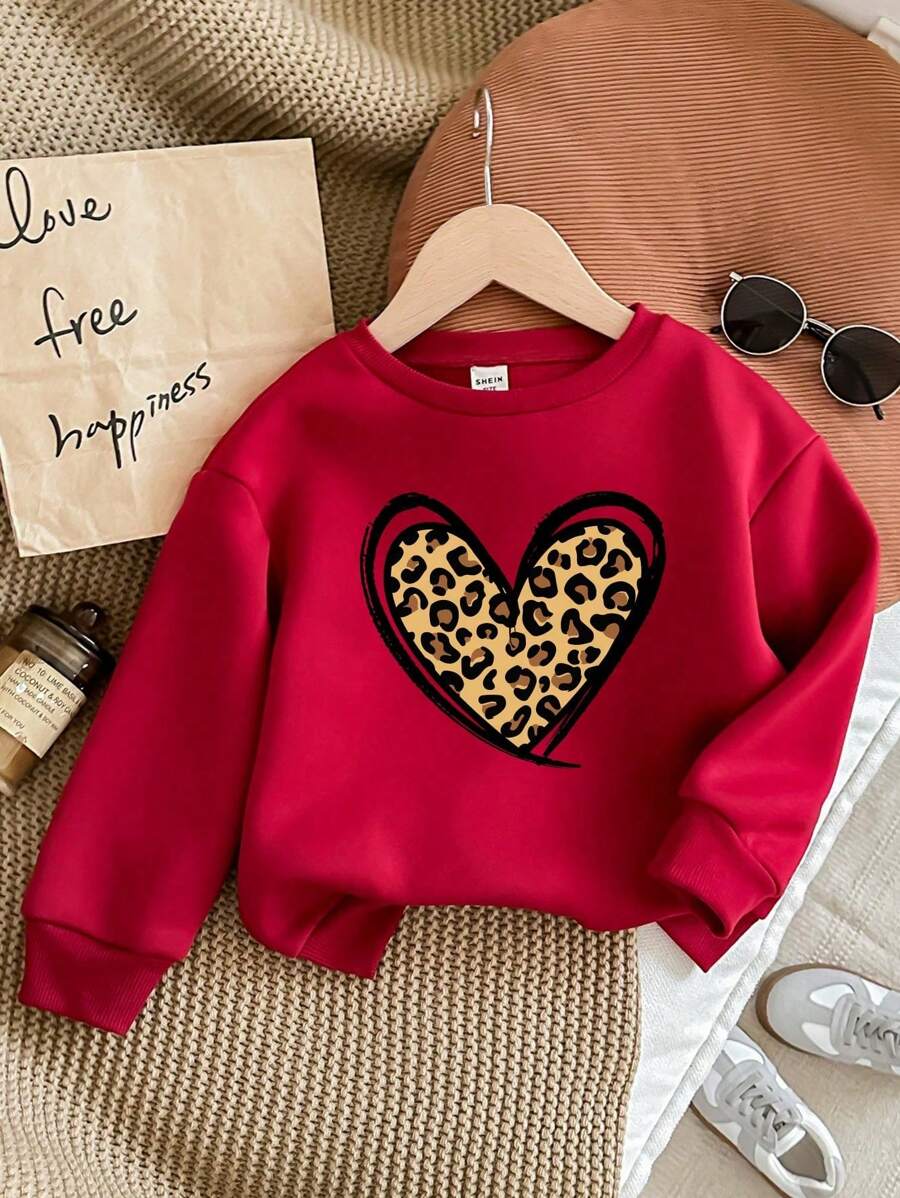SHEIN Happikins Leopard Print Heart Pattern Soft Knitted Crew Neck Loose Fit Thick Sweatshirt, Warm, Cute, Beautiful, "Daddy's Little Princess", Suitable For Autumn/Winter, Baby Girl