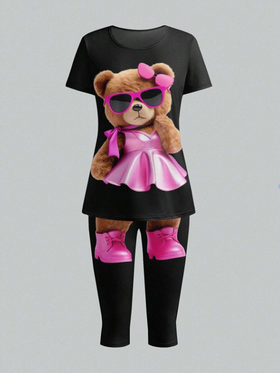 ImagineLab Artist 2pcs/Set Women Kawaii Teddy Bear Print Round Neck Short Sleeve T-Shirt And Pants Casual Cute Set, Suitable For Going Out, Vacation, Spring & Summer, Festival, Ibiza Fits - Black - View 1