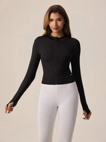 SHEIN Sports Women's Zip-Up Sports Jacket, Slim Fit, Solid Color, Casual And Fashionable For Daily Wear - Black - View 4