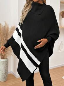 SHEIN Maternity Color Block Striped Turtleneck Batwing Sleeve Loose Knitted Sweater, For Autumn & Winter