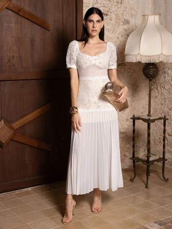 VERO DIAZ Designer Elegant White Lace Nude Lining Puff Sleeves Pleats Chiffon Long Party Dress, Holiday Outfit, Wedding, Spring, Festival, Rave Outfits Festival