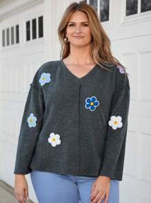 SHEIN LUNE Plus Size Women Casual Floral T-Shirt, Minimalist & Fashionable, For Daily Wear Thanksgiving Plus Size Women New Years