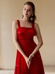 MOTF PREMIUM Vestido con ribete de volantes de contraste de terciopelo - Rojo - Ver 5