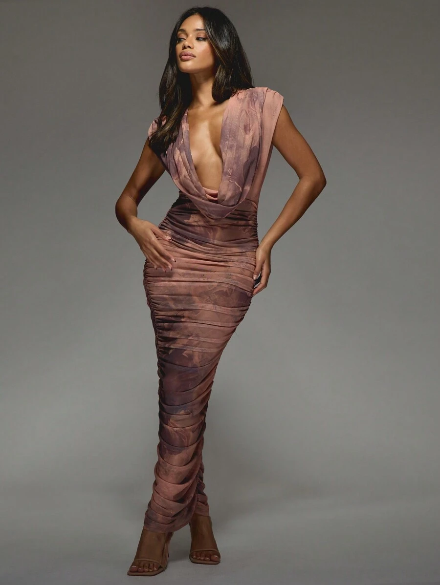 MISSGUIDED 深V领网纱褶皱长款连衣裙 正式晚礼服 修身垂褶长款秋冬优雅派对婚礼宾客长裙 - 彩色 - 查看 1