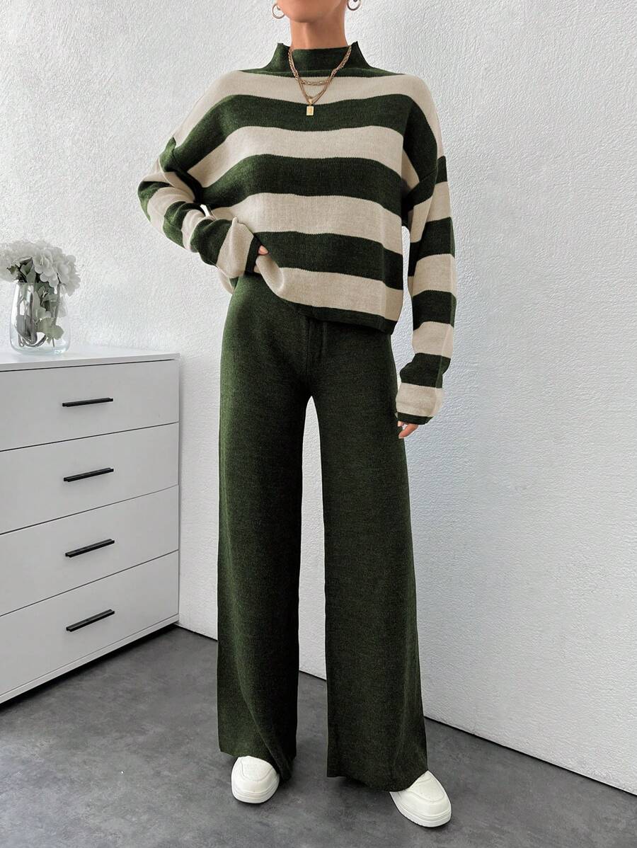 EURMUSE Women Stripe Pattern Mock Neck Pullover & Sweater Pants Set - Multicolor - View 1