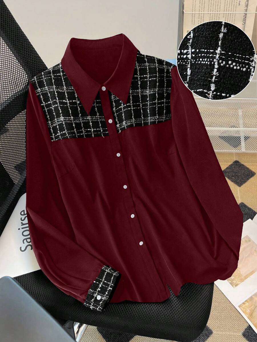 SHEIN LUNE Plus Size Solid Color Splicing Front Button Long Sleeve Casual Top Women Shirt - Burgundy - View 1