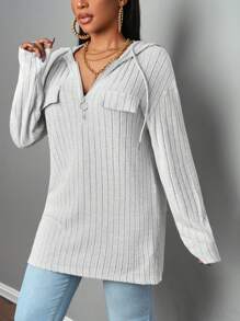 Slaydiva 女士休闲宽松连帽半拉链金属装饰罗纹套头 T 恤，秋冬 - 灰色 - 查看 5