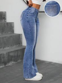 SHEIN ICON 蝴蝶刺绣洗水弹力喇叭牛仔裤 - 淺色水洗藍 - 查看 7