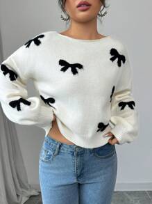 SHEIN Frenchy Women's Elegant Bow Decor Sweater, Autumn/Winter French Elegant Bow Pattern Back Tie Long Sleeve Sweater   Bow Sweater  Winter Sweater Warm Sweater