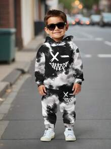 SHEIN 2 件套青少年男孩休闲扎染字母图案连帽衫和运动裤套装，秋冬 - 彩色 - 查看 4