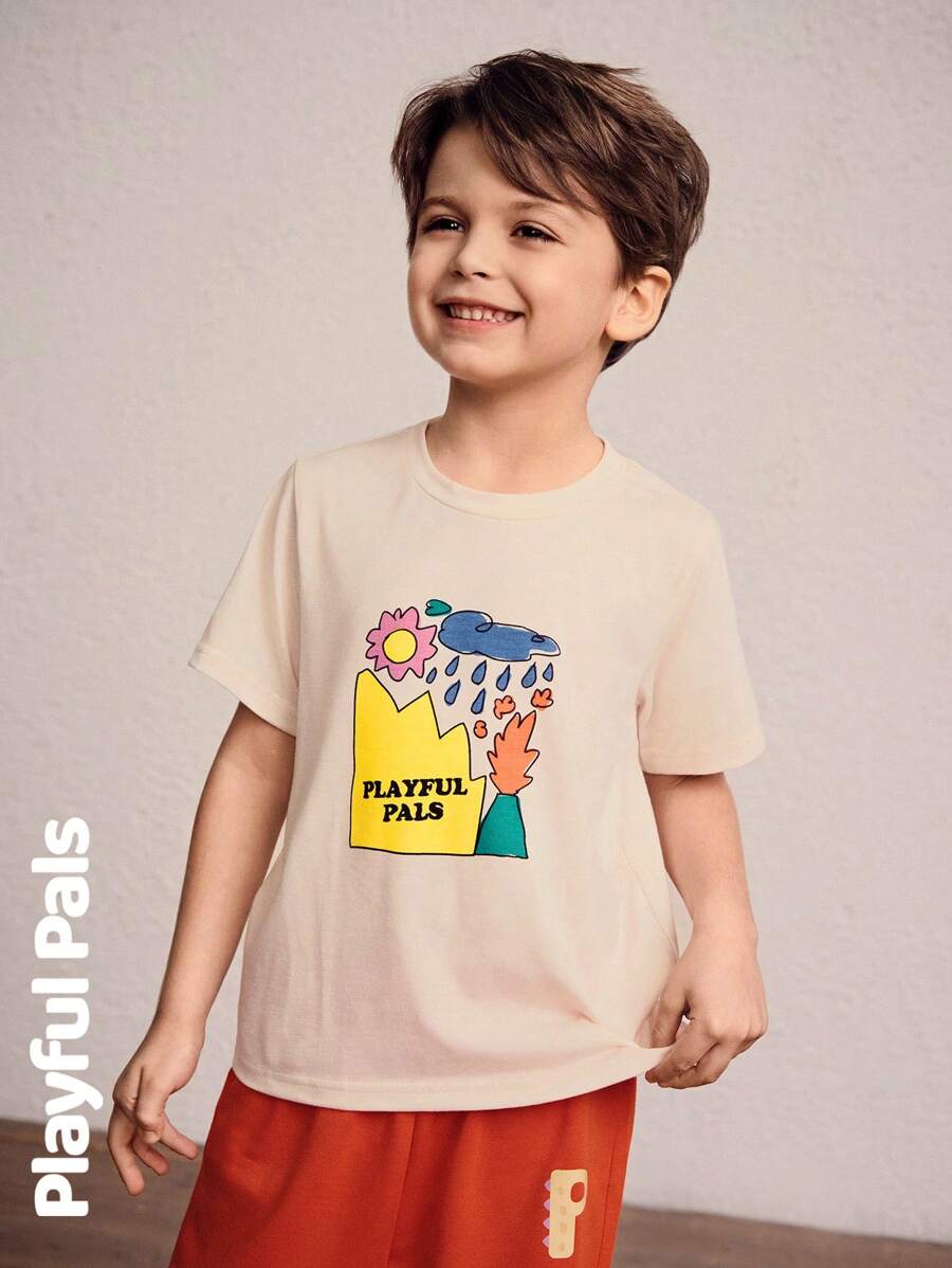 SHEIN 2 Pcs Young Boys Sets Fun Geometric Pattern Basic Casual Short-Sleeve T-Shirt & Sweatpants Suits Cute/Retro/Casual/Outing Spring/Summer Suitable For School And Outings - Orange - View 1