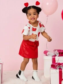 SHEIN Explorewe 女婴可爱心形图案印花上衣搭配红色 PU 皮革裙子 2 件套服装，时尚设计 - 彩色 - 查看 7