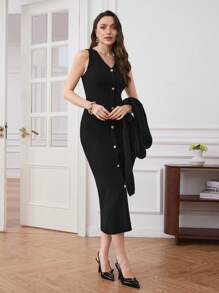 Modelyn 2 Pieces Set: Waist-Cinched Halter Neck Dress & Short Cardigan Outerwear, Elegant 2 Pieces Set - Black - View 3