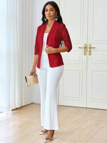 SHEIN Lady Plus Size Casual Elegant Contrast Lace Single-Breasted Jacket, Autumn