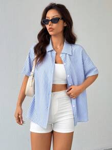 Chiquease Women's Blue Striped Short Sleeve White Button-Up Shirt - Blue - View 3