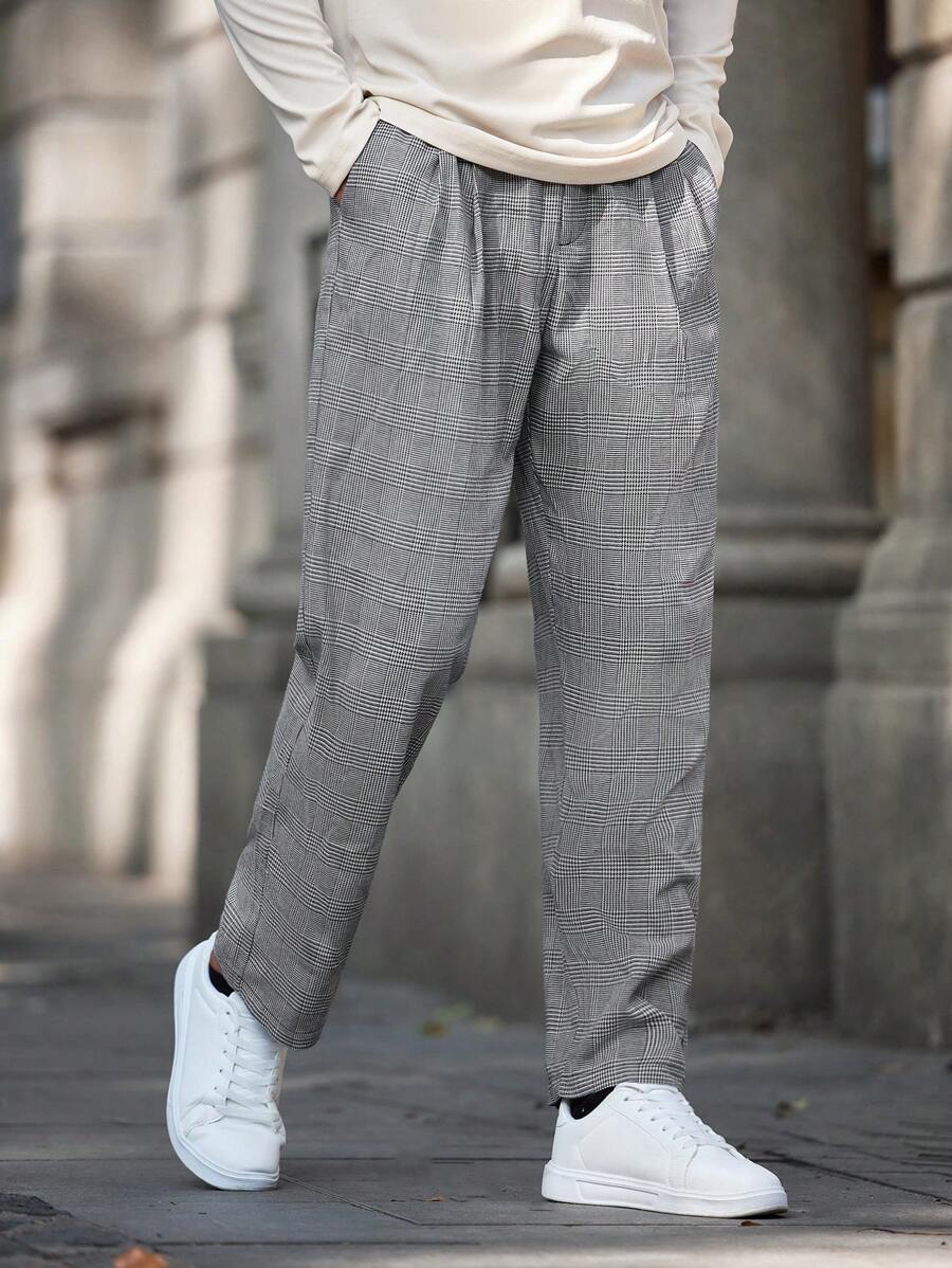 Manfinity Homme Men's Pleated Pocket Plaid Casual Pants, Minimalist Everyday Wear - Grey - View 1