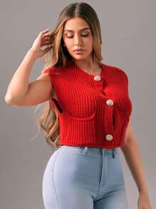 Zolique Cardigan Pendek Kasual Tanpa Lengan dengan Bukaan Depan untuk Wanita, Warna Polos, Pakaian Musim Gugur untuk Tahun Baru - Merah - View 4