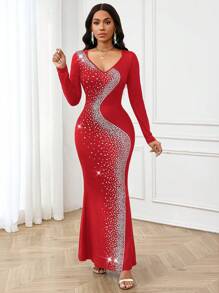 SHEIN Lady Women's V-Neck Long Sleeve Crystal Decor Simple Casual Dress