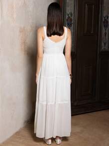 VERO DIAZ 设计师优雅白色雪纺蕾丝边吊带层长款太阳裙、假日、春夏、节日、婚礼、舞会礼服 - 白色 - 查看 2