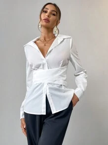 Firerie Women's Elegant White Cinched Cinched Waist Shirt