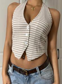 SHEIN EZwear Women's Fashion Sexy Striped Front Button Backless Halter Top - Beige - View 3