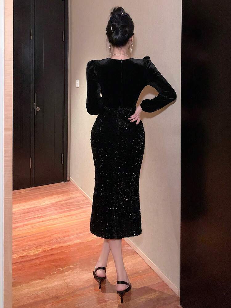 V-Neck Sequin Patchwork Mermaid Hem Midi Dress For Women Prom Dress Party Women,Fall Clothes Homecoming Dresses Long Sleeve Dress Luxury Elegant Women Dresses New Year Eve Dress Carnival Sparkly Dress