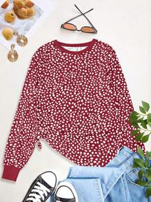 SHEIN LUNE Blusa casual de manga larga con cuello redondo y estampado completo, tallas grandes, camisetas gráficas de uso diario para mujer, para primavera - Multicolor - Ver 1