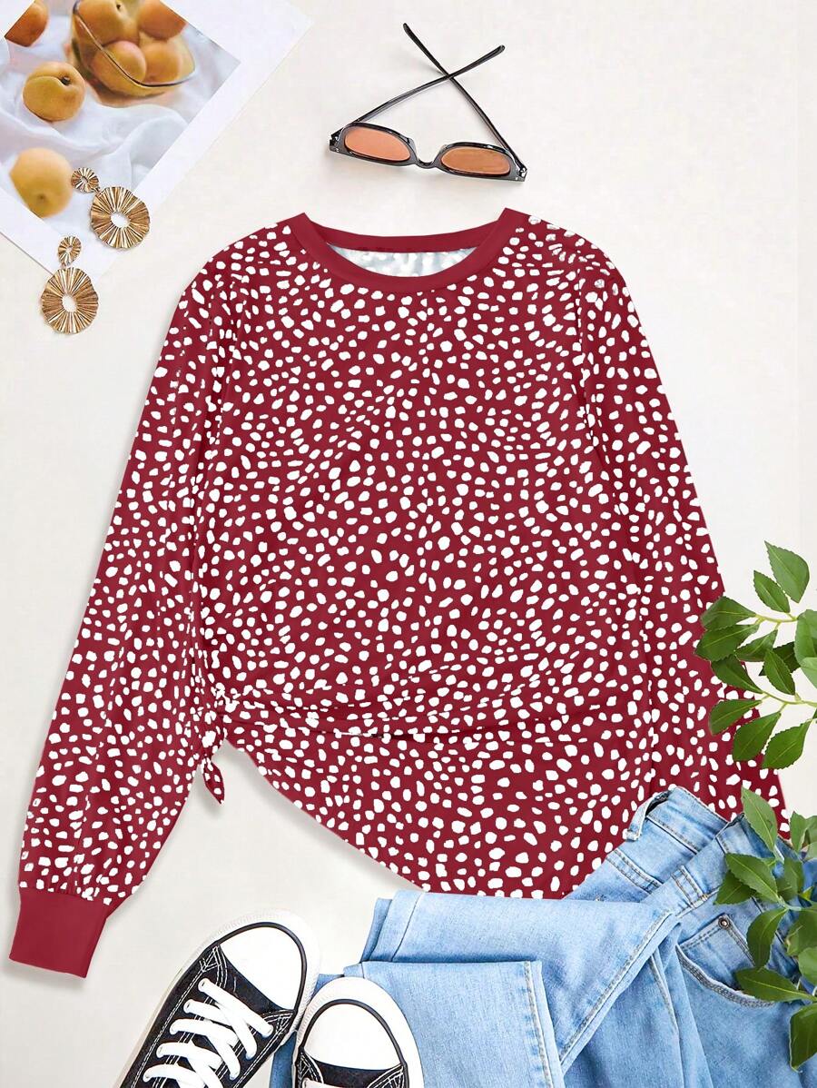 SHEIN LUNE Blusa casual de manga larga con cuello redondo y estampado completo, tallas grandes, camisetas gráficas de uso diario para mujer, para primavera - Multicolor - Ver 1