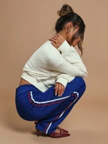 COSMINA Women's Solid Color Patchwork Casual Low-Waist Sweatpants, Everyday Wear - Navy Blue - View 5