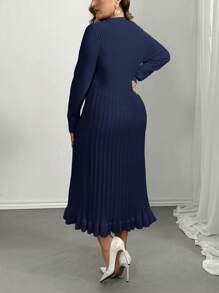 SHEIN Privé Plus Size Women V-Neck Ruffle Trim Knit Dress, New Apricot Color For Autumn/Winter - Navy Blue - View 2