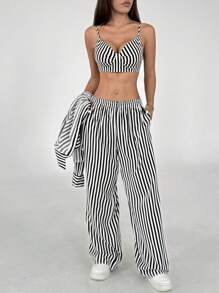 Flirla 3pcs Set Women Casual, Daily, Commute, Shopping Striped Wide Leg Pants, Everyday, Casual, Daily, Commute, Shopping