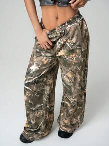 SHEIN ICON 女士休闲低腰阔腿运动裤，带有 Y2k 分支迷彩印花和侧袋