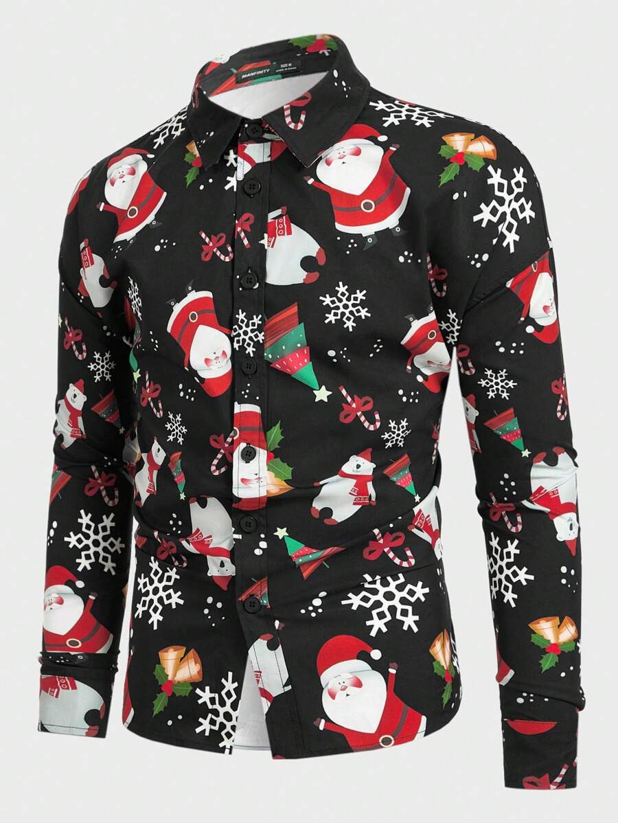 Manfinity VCAY Áo thun rộng rãi hở vai họa tiết ông già Noel dành cho cả nam và nữ, thích hợp cho dịp Giáng sinh - màu đen - Xem 1