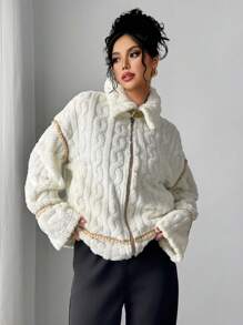 SHEIN Privé Women's Casual Elegant Warm Beige Fluffy Motorcycle Teddy Jacket, Regular Fit, Autumn/Winter