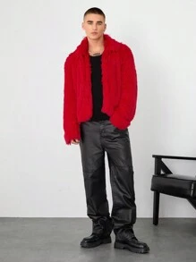 Manfinity Unisex Men's Loose Knit Open Front Casual Fluffy Jacket, Suitable For Autumn And Winter - Red - View 5